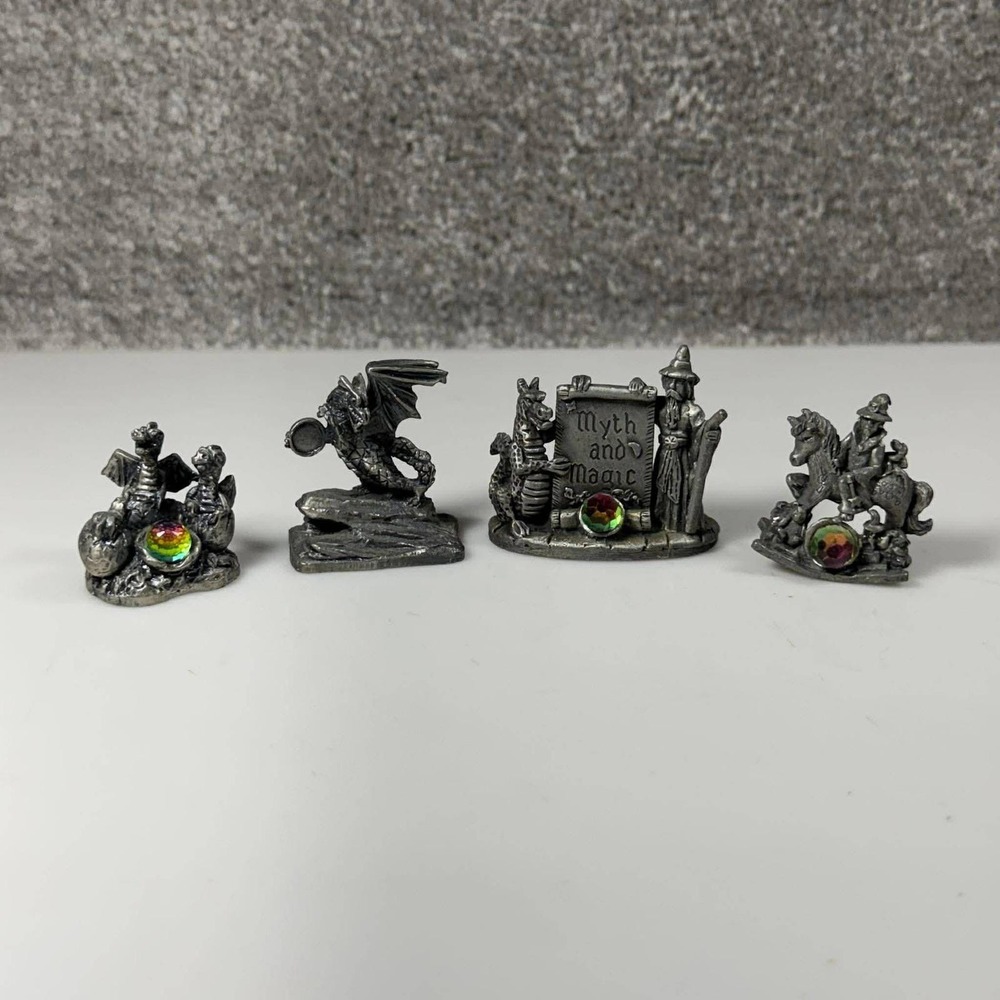 Tudor Mint Myth and Magic Pewter Figurine Set Dragon Wizard Crystals Vintage 4pc